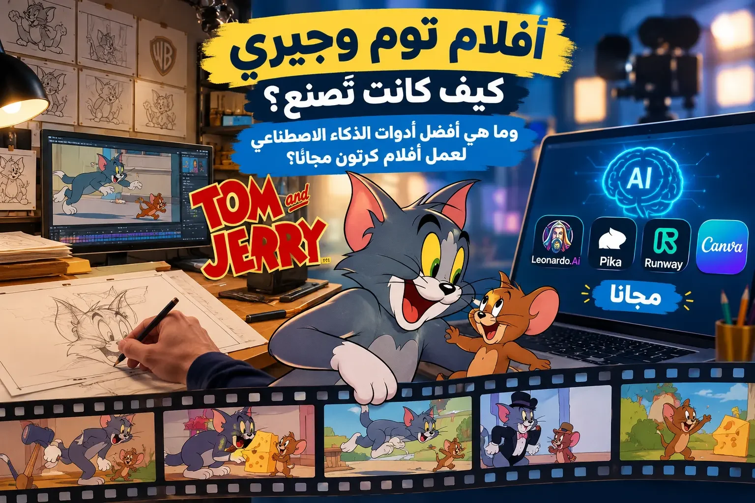 صورة توضيحية لمراحل صناعة أفلام توم وجيري الكرتونية وتطويرها باستخدام أدوات الذكاء الاصطناعي.